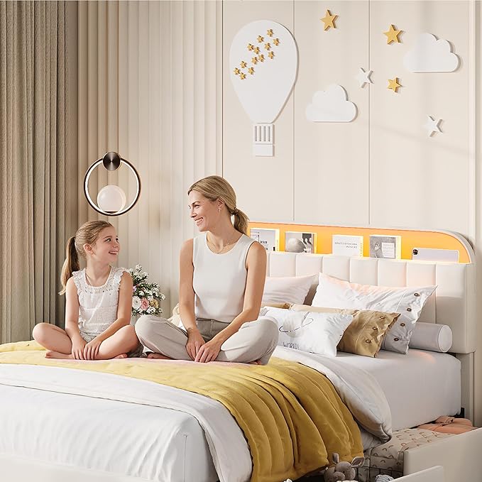 Garvee Twin Size Bed Frame with 2 Flexible Drawers, Velvet Upholstered Platform Bed Frame with Bookcase Headboard and LED Lights, Kids Bed for Girls, Easy Assembly, Noise Free, Beige