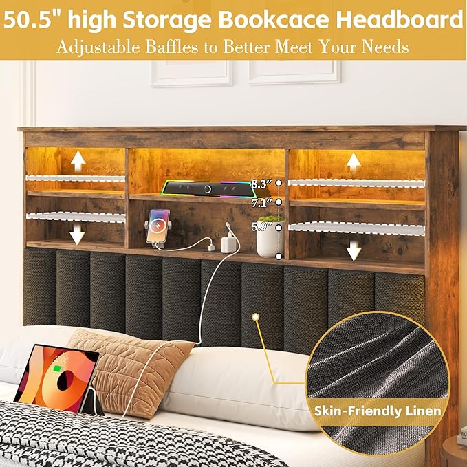 Lifezone Full Bed Frame with Headboard, Full Bed Frame with High Storage Bookcase Headboard,4 Storage Drawers & Charging Station & LED,No Box Spring Needed/Noise Free/All-Metal Support,Vintage Brown