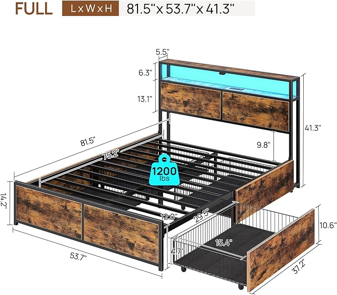 Rolanstar Full Size Bed Frame with 4 Storage Drawers, Charging Station and LED Lights, Metal Platform Bed with 2-Tier Storage Headboard, No Box Spring Needed, Easy Assembly, Noise-Free, Rustic Brown