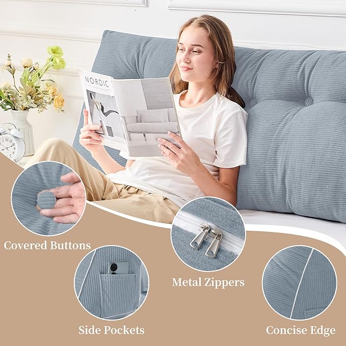 Sasttie Headboard Pillow Full, Wedge Pillow Headboard for Sitting Up in Bed, Back-Rest Support Triangular Cushion for Reading - Features Removable Washable Cover, Greyish Blue