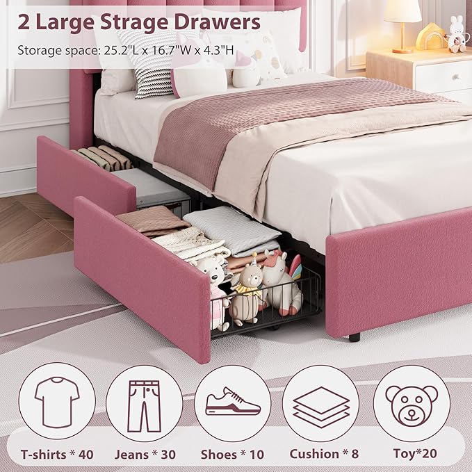 Garvee LED Twin Size Bed Frame with Storage Headboard, Kids Bed Frame with 2 Drawers, Boucle Upholstered Platform Bed for Girls, Chic Wavy Headboard with Bookcase, No Box Spring Needed, Dark Pink