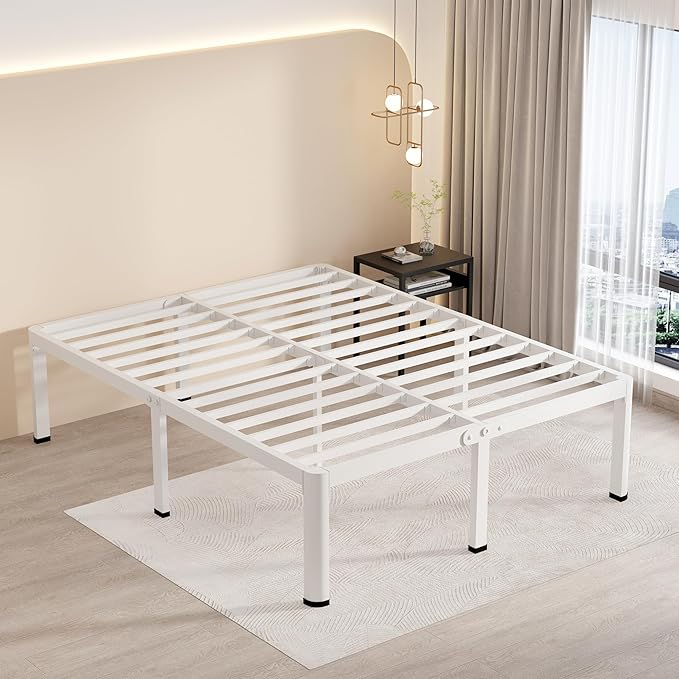MAF 16 Inch Queen Size Bed Frame White with Round Corner Legs Mattress Slide Stopper No Box Spring Needed Heavy Duty Metal Platform Bed Frames Under-Bed Storage Space, 3000 LBS Steel Slats Support