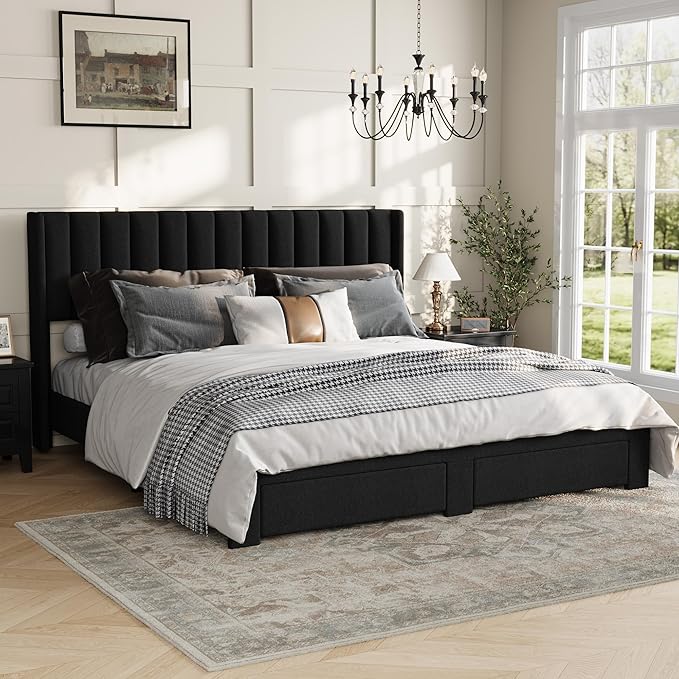 GAOMON Full Size Upholstered Platform Bed Frame with 2 Under-Bed Storage Drawers, Velvet Wingback Headboard, No Box Spring Needed, Sturdy & Noise-Free, Black