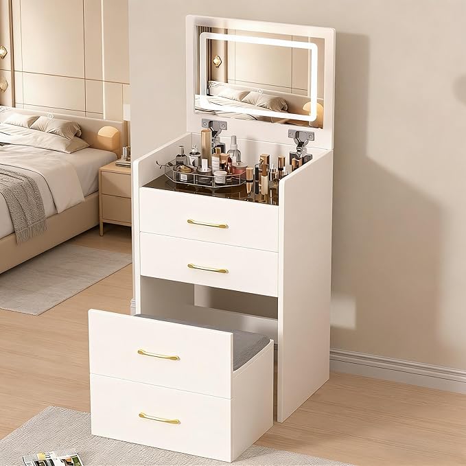 Small Makeup Vanity Desk with Flip Top Lighted Mirror, 3-in-1 Nightstand Vanity Combo with Visible Glass Desktop, Compact Dressing Table with Storage Stool & 3 Drawers for Small Bedroom, White
