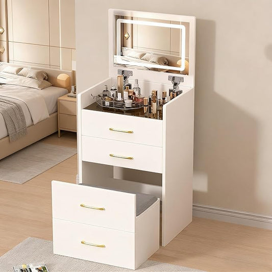 Small Makeup Vanity Desk with Flip Top Lighted Mirror, 3-in-1 Nightstand Vanity Combo with Visible Glass Desktop, Compact Dressing Table with Storage Stool & 3 Drawers for Small Bedroom, White