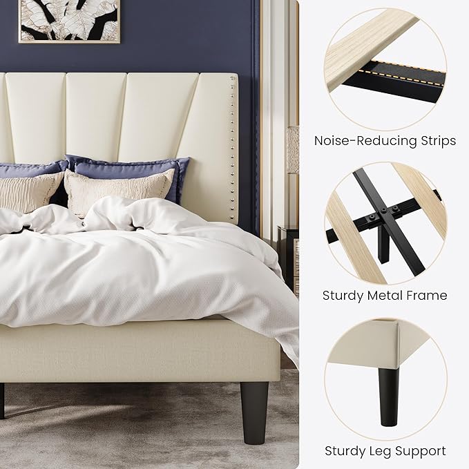 SHA CERLIN Full Size Bed Frame with Adjustable Upholstered Velvet Rivets Headboard, Sturdy Wooden Slats, Strong Platform Support for Mattress, No Box Spring Needed, Easy Assembly, Cream