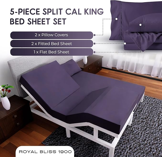 Split California King Sheets Sets - 5 Pcs Set - Cal King Split Sheets Sets for Adjustable Bed California King Split Sheets (Plum)