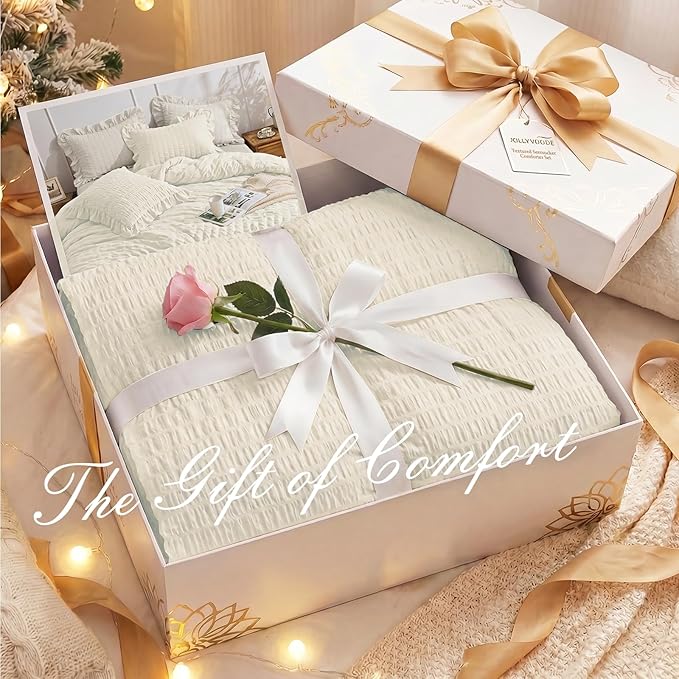 JOLLYVOGUE Ivory Comforter Full Size, 3 Pieces Seersucker Lightweight Full Size Bedding, All Season Fluffy Microfiber Bedding Comforter Set with 1 Ruffle Comforter and 2 Ruffle Pillowshams