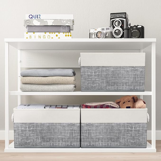Fab totes Storage Bins 4-Pack, Foldable Storage Baskets for Organizing Toys, Books, Shelves, Closet, Large Storage Box with Rope Handles, Sturdy Organizer Bins, White & Grey