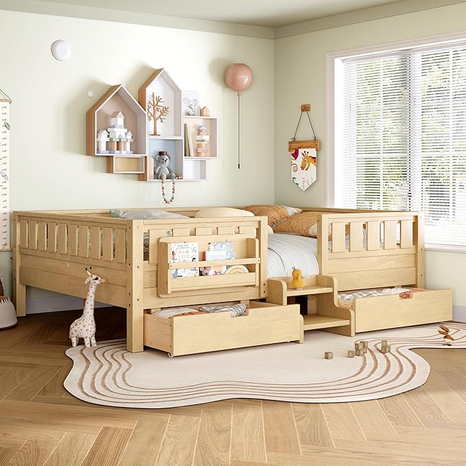 Bellemave Queen Bed with Storage Drawers & Bookshelf, Low Profile Kids Bed Frame with Staircase & Full Length Guardrails, Solid Wood Queen Bed for Kids with Slats Load 550LBS, Easy Assembly, Natural