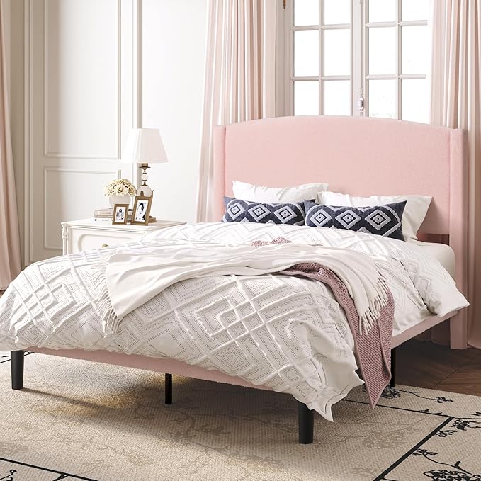 SHA CERLIN Full Size Bed Frame with Soft Teddy Fabric, Boucle Upholstered Platform Bed, Curved Headboard Design, Wooden Slats Support, Noise-Free, No Box Spring Needed, Easy Assembly, Pink