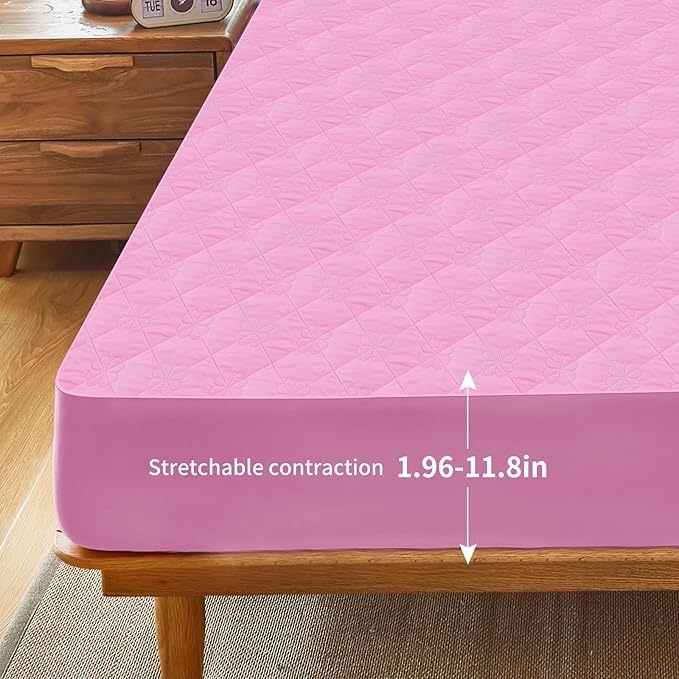 Waterproof Mattress Protector, Noiseless Twin Size Mattress Pad with Deep Pocket Fitted Up to 6-12 inches, Soft Breathable Dirt-Proof Bed Mattress Cover Washable for Bedroom, Hotel(1, Pink, Twin)