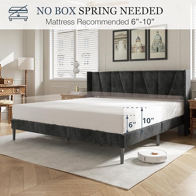 HAOARA King Bed Frame with Headboard, Velvet Upholstered Platform Bed Frames with Wingboard, Contemporary Mattress Foundation, Noise Free, No Box Spring Needed, Easy Assembly, Black