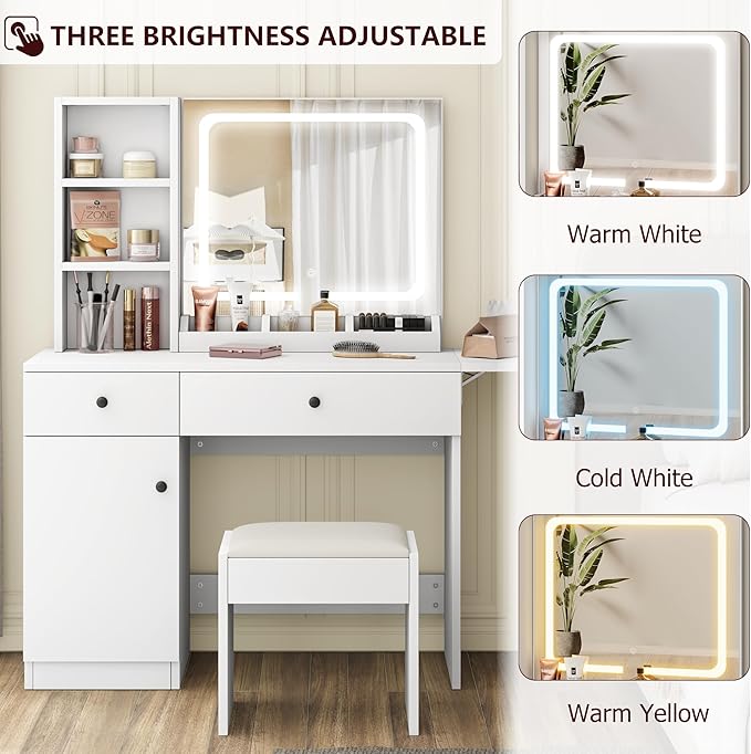 GarveeHome Makeup Vanity Desk with Mirror and Lights, Vanity Table Set with Drawer & Power Outlet & Chair & 3 Shelves, Bedroom, White