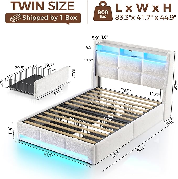 Rolanstar Twin Size Bed Frame with LED Lights and Charging Station, Upholstered Bed Storage Headboard & Drawers, Heavy Duty Wood Slats, Easy Assembly, White