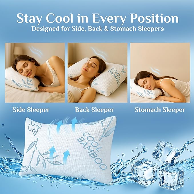 OMEO 2 Pack Bamboo Pillow Queen Size for Sleeping, Hypoallergenic Cooling Shredded Memory Foam Bed Pillows for Side, Back and Stomach Sleepers, Adjustable Loft and Washable Cover 20" x 30"