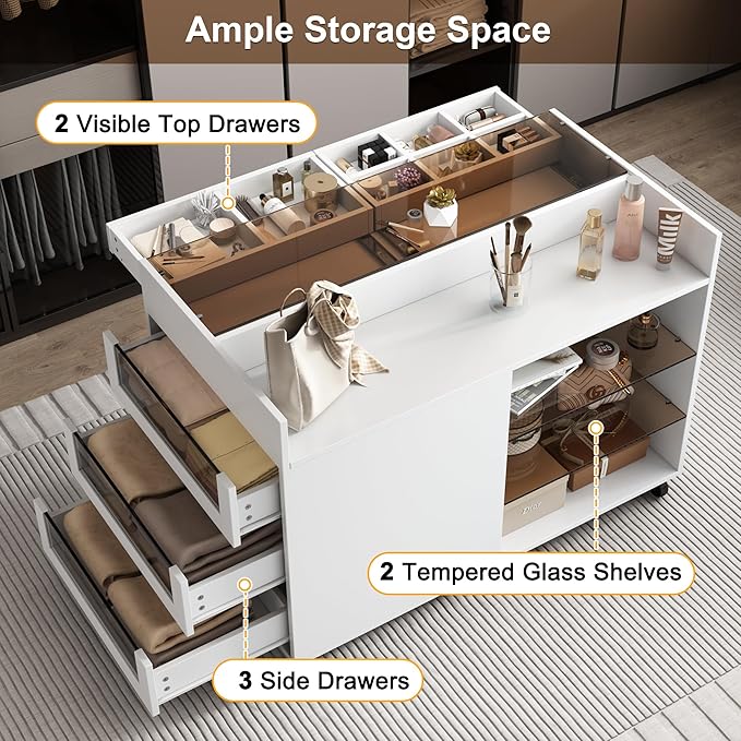 Movable Storage Cabinet Island, 43.3" Multi-Functional Island with 3 Side Drawer, a Reversible Top Storage Space and Two Glass Display Shelves, Vanity Table