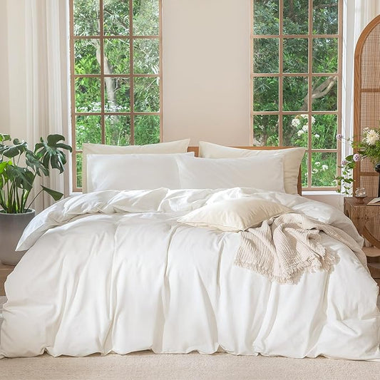 MooMee Bedding Duvet Cover Set 100% Washed Cotton Linen Like Textured Breathable Durable Soft Comfy (Solid Off White, Super Queen 90"x98")