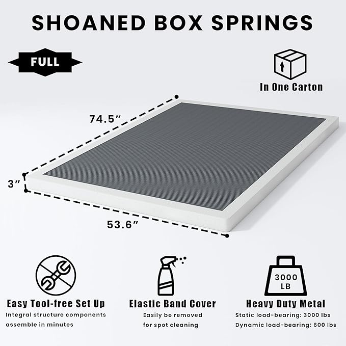 SHOANED Full Size Box Springs - 3 Inch Low Profile Mattress Foundation No Noise Heavy Duty Metal Basics Bed Base with Clean Fabric Cover, Easy Assembly