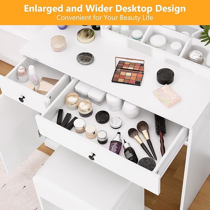 KAMABOKO Vanity Desk with Lighted and Mirror, White Makeup Table with Drawers and Charging Station, 3 Model Adjustable for Bedroom & Dressing Room (007 White)