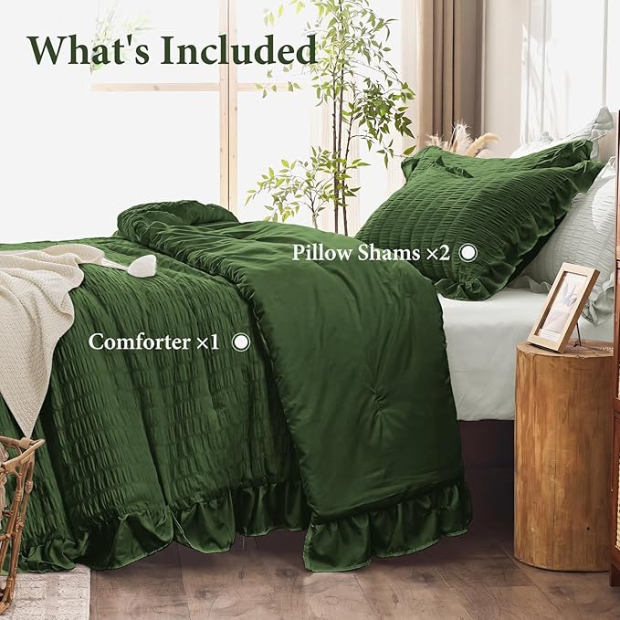 JOLLYVOGUE Dark Green Comforter Full Size, 3 Pieces Seersucker Lightweight Full Size Bedding, All Season Fluffy Microfiber Bedding Comforter Set with 1 Ruffle Comforter and 2 Ruffle Pillowshams