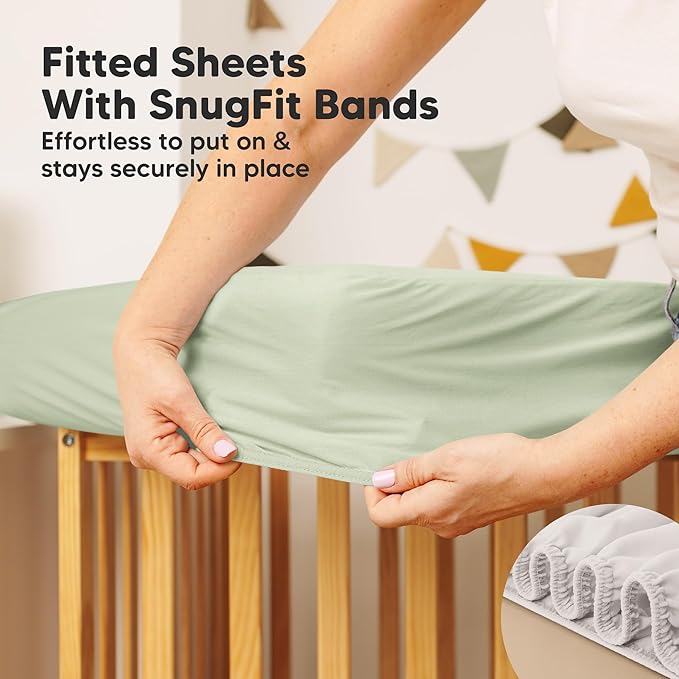 2-Pack Waterproof Crib Mattress Protector Cover Fitted - Quiet Baby Crib Mattress Pad Sheets, 52" x 28" Soft Quilted Cotton Baby Sheet, Machine Washable, Easy Fit, Durable (Sage/Mavy)