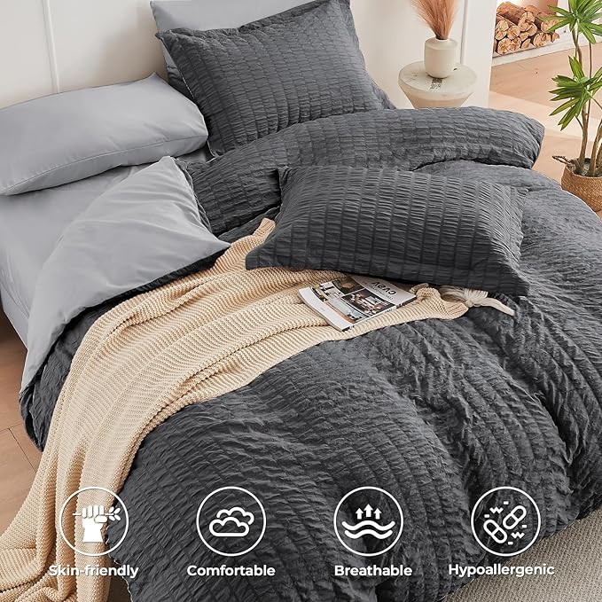 HYMOKEGE Dark Grey/Light Grey Full Size Comforter Sets Seersucker 7 Pieces, All Season Luxury Bed in a Bag for Bedroom, Bedding Set with Comforter, Sheets, Pillowcases & Shams