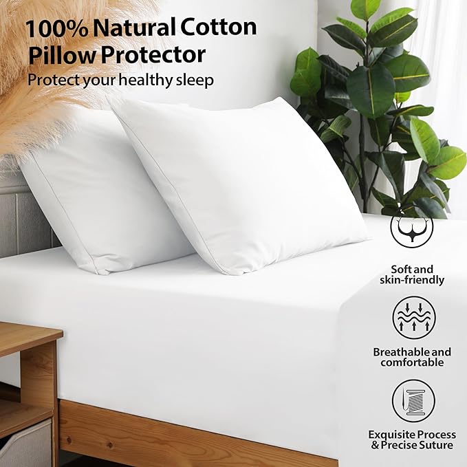 100% Cotton Classic Pillow Protectors with Invisible Zipper, 600 Thread Count Sateen Weave Soft and Breathable Pillow Cases, Protect Pillows from Dirt, Dust and Debris (King, 20"x36", Set of 4)