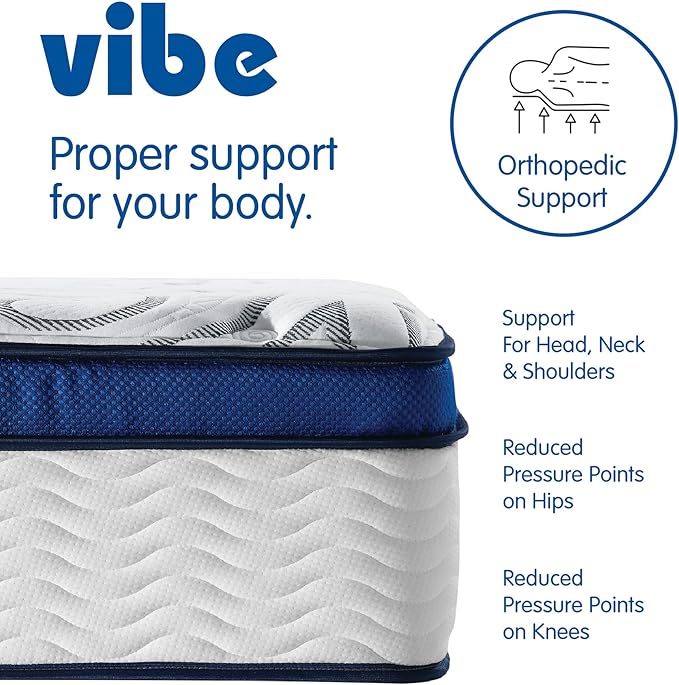 Vibe Quilted Hybrid Mattress, 12-Inch Innerspring and Pillow Top Gel Memory Foam Mattress, Fiberglass Free, CertiPUR-US Certified Bed in a Box, Twin