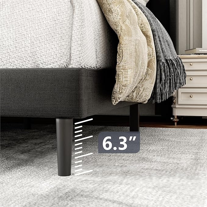 Gruwans Queen Size Bed Frame with Upholstered Wingback Headboard, Easy Assemnly Platform Bed, Wooden Slat Support No Box Spring Needed, Dark Gray
