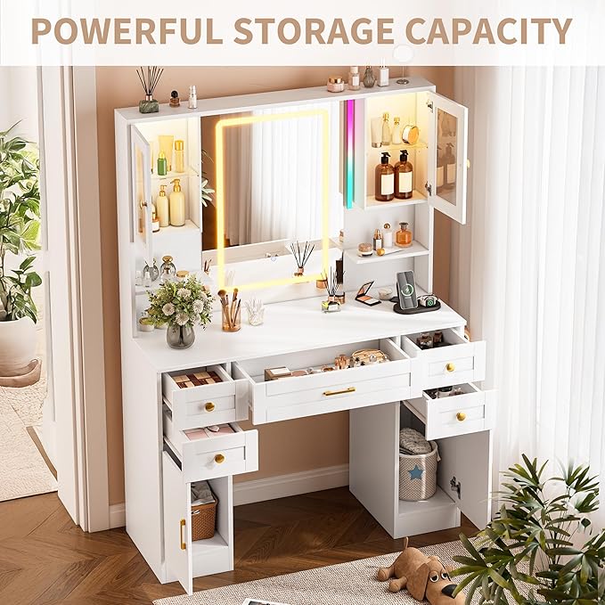KAMABOKO Vanity Desk with Mirror and Lights, Makeup Vanity Table with Drawers & Shelves, Power Outlet, Dressing Table with Jewelry Storage for Bedroom (049 White)