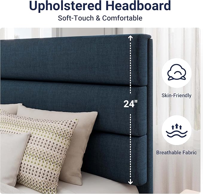 Allewie Twin Size Platform Bed Frame with Fabric Upholstered Headboard and Wooden Slats Support, Fully Upholstered Mattress Foundation/No Box Spring Needed/Easy Assembly, Navy Blue