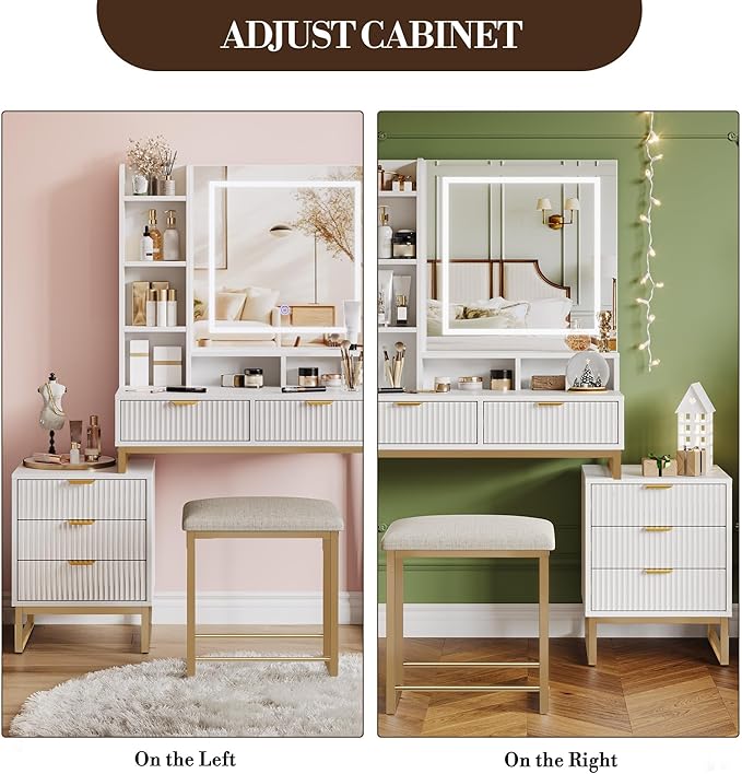 GarveeHome Makeup Vanity Desk with Mirror and Lights, Vanity Table with 5 Drawers, Vanity Set with Stool and Removable Side Storage Cabinet for Bedroom, White & Gold