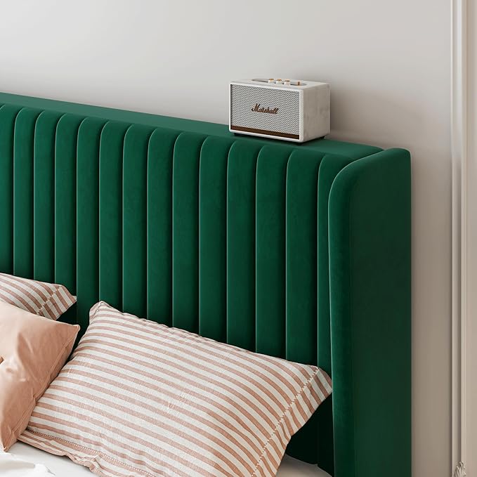 SHA CERLIN Queen Size Velvet Bed Frame with Vertical Channel Tufted Wingback Headboard, Upholstered Platform Bed with Wood Slats, No Box Spring Needed, Easy Assembly, Green