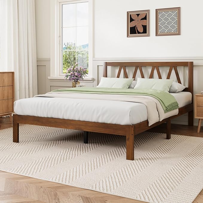 Novilla 12 Inch Full Size Bed Frame Full Bed Frames with Headboard Solid Wooden BedFrame Foundation, No Box Spring Needed, Easy Assembly, Walnut