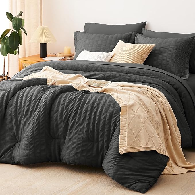 CozyLux Full Size Comforter Sets with Sheets 7 Pieces, Dark Grey Seersucker Bed in a Bag Textured Luxury Soft Dark Gray Bedding Set Down Alternative Comforter, Sheets, Pillowcases & Shams All Seasons