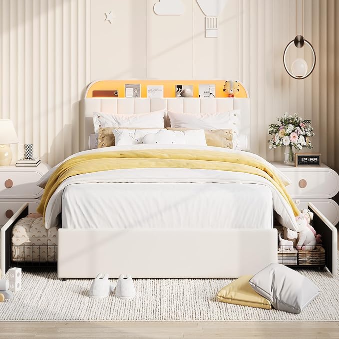 Garvee Full Size Bed Frame with 2 Flexible Drawers, Velvet Upholstered Platform Bed Frame with Bookcase Headboard and LED Lights, Kids Bed for Girls, Easy Assembly, Noise Free, Beige