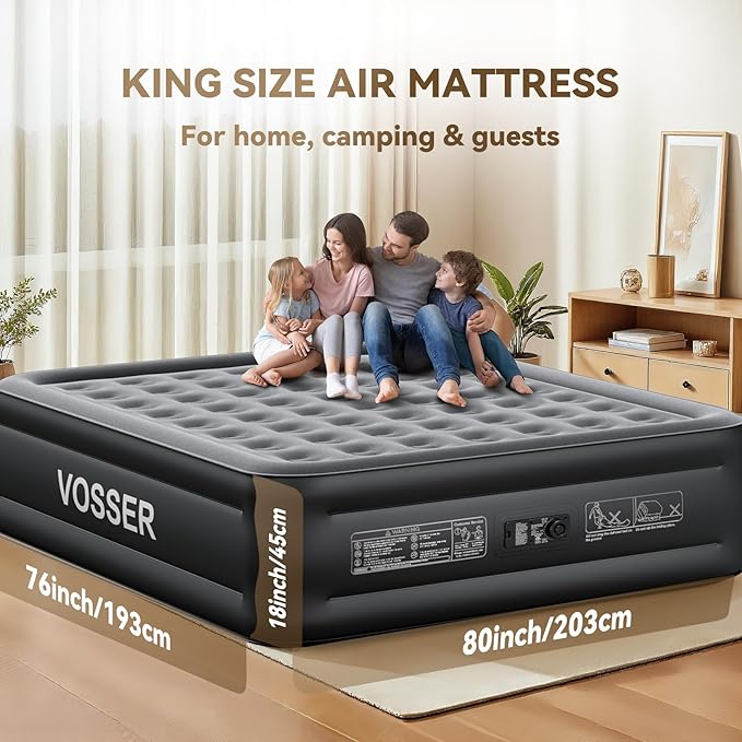 VOSSER King Size Air Mattress with Built in Pump Raised,18’’King Air Mattress,Blow Up Mattress in 3 Mins,Self Inflatable Mattress for Home,Floor&Travel,Portable Air Bed for Adults,750LB Max,Black