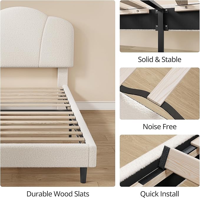 LIKIMIO Twin Size Bed Frame, Upholstered Twin Platform Bed with Headboard Lamb Velvet Twin Beds, No Box Spring Needed with 800LBS Sturdy Wooden Slats Support, Noise Free, Easy Assembly, White
