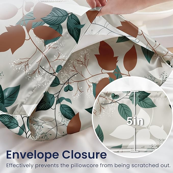 EXQ Home Satin Pillowcase for Hair and Skin - Printed Green Leaves Silk Body Pillowcase 20x54 inches - Body Pillow Cases with Envelope Closure, Gifts for Women Men