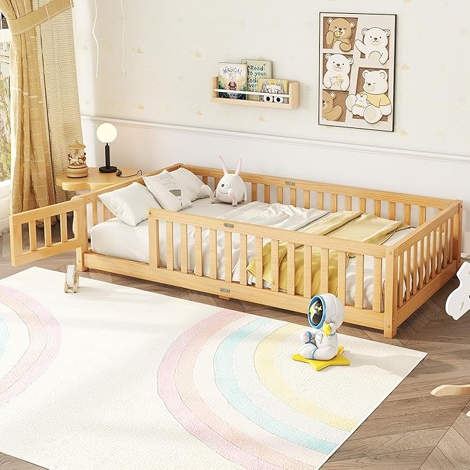 Bellemave Twin Floor Bed with Slats and Door, Twin Size Montessori Floor Bed with Fence and Door, Easy Assemble Montessori Beds Frame for Girls, Boys, Natural