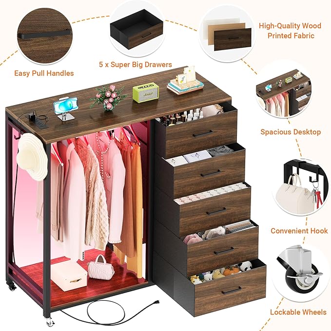 Cyclysio Dresser with Hanging Rack, 5 Fabric Drawers Dresser with Clothes Rack, Wooden Top Storage Chest of Drawers with Charging Station & LED Lights, Lockable Wheels, Closet