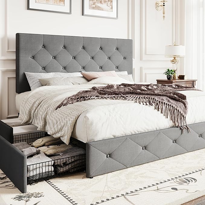 SHA CERLIN Upholstered Full Size Platform Bed Frame with 4 Storage Drawers, Adjustable Headboard with Diamond Stitched Button Tufted Design, Wooden Slat Support, No Box Spring Needed, Light Grey