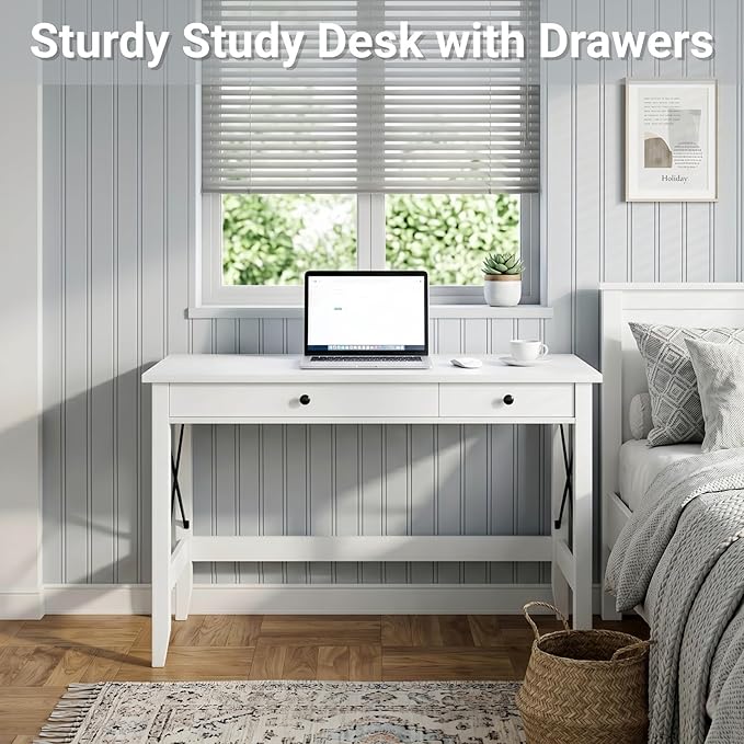 JSB 43.3'' White Computer Desk for Home Office,Farmhouse Executive Desk with 2 File Drawers,Study Writing Table Storage Cabinet,Makeup Vanity Desk for Bedroom (White, 43.3in)