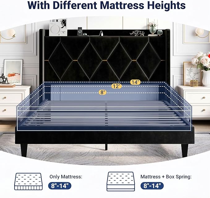 Allewie Velvet Full Size Upholstered Bed Frame with Wingback Storage Headboard & Charging Station, Platform Bed with Diamond Tufted Design & Gold Trim, No Box Spring Needed, Easy Assembly, Black