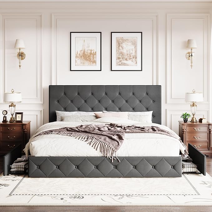 SHA CERLIN Upholstered King Size Platform Bed Frame with 4 Storage Drawers, Adjustable Headboard with Diamond Stitched Button Tufted Design, Wooden Slat Support, No Box Spring Needed, Dark Grey