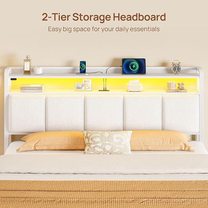 Rolanstar Bed Frame Queen Size with Charging Station and LED Lights, Upholstered Storage Headboard with Drawers, Heavy Duty Metal Slats, No Box Spring Needed, Noise Free, Easy Assembly, White
