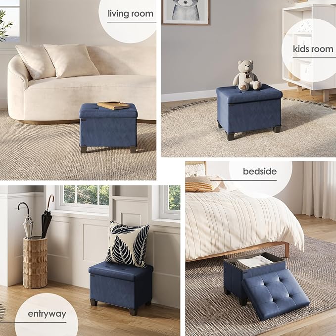 Storage Ottoman Cube with Small Bin, 16-in Square Ottoman with Storage for Living Room and Bedroom, Small Ottomans Foot Rest, Leather Foot Stools Ottomans Max 330lbs, Blue