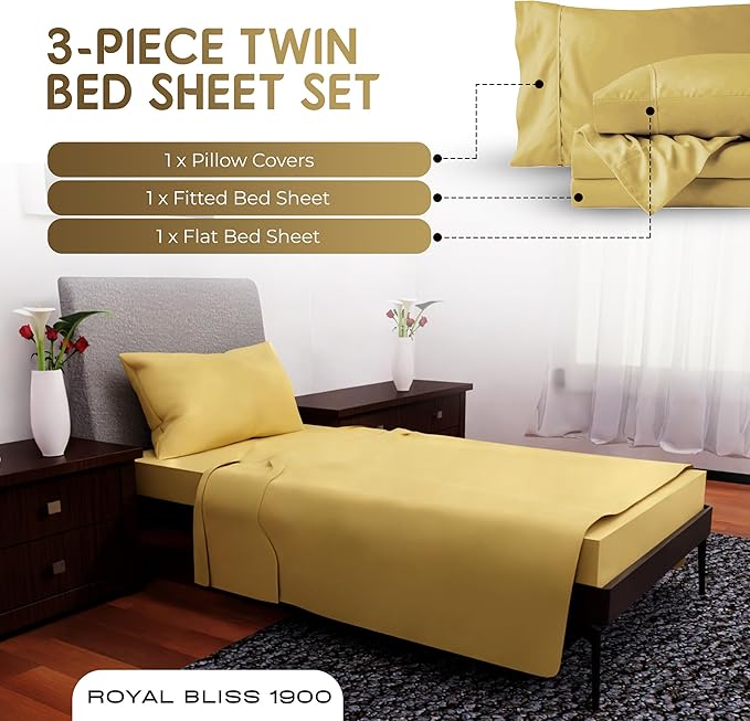 Twin Bedding Sets - 3-Pcs Set - Deep Pockets - Cooling Sheets - Soft & Cozy Twin Size Sheets - Comfortable Bed Sheets for Bedroom (Gold)