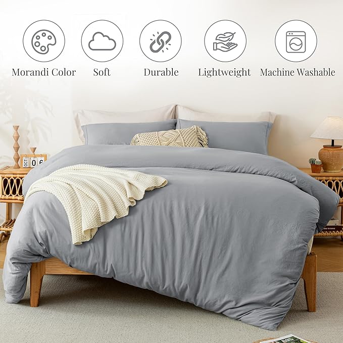 MILDLY Super Soft Duvet Cover - 100% Washed Microfiber Grey Comforter Cover Set 3 Pieces with Zipper Closure & Corner Ties (No Comforter)